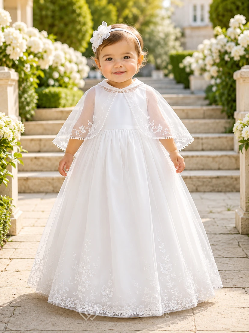 Vestido modesto para ceremonia de bautizo de bebé, corte A, largo hasta el suelo, cuello joya, manga corta, encaje de tul, capa desmontable, espalda abotonada.