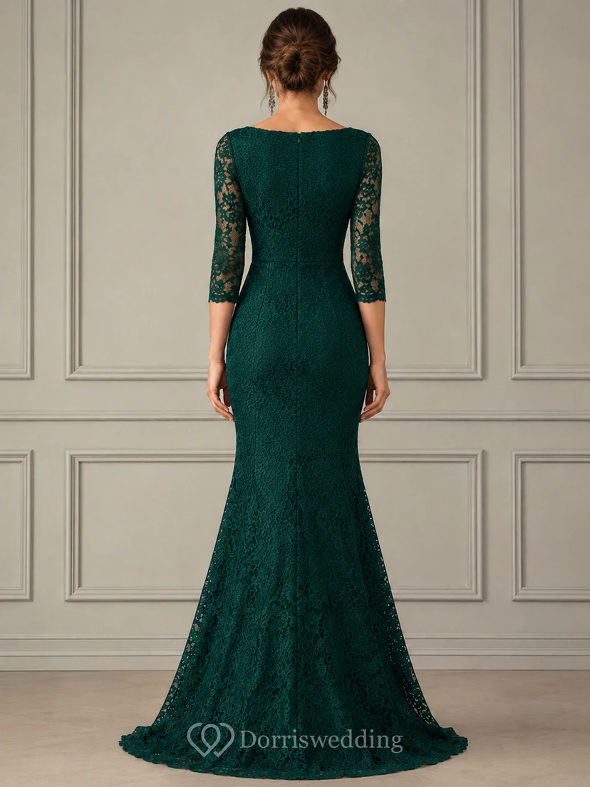 Robe de soirée sirène en dentelle vert foncé, style bateau, modeste view 2