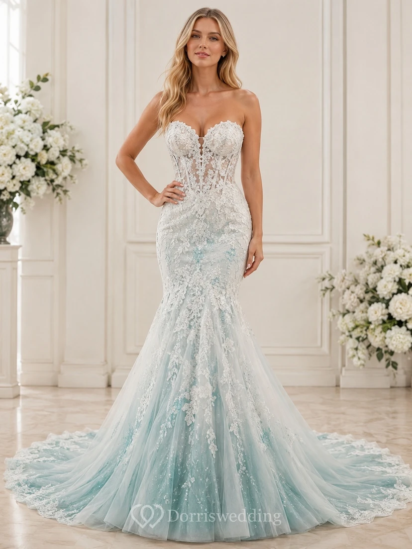Mist Mermaid Sweetheart Tulle Lace Applique Sweep Elegant Bridal Wedding Dress
