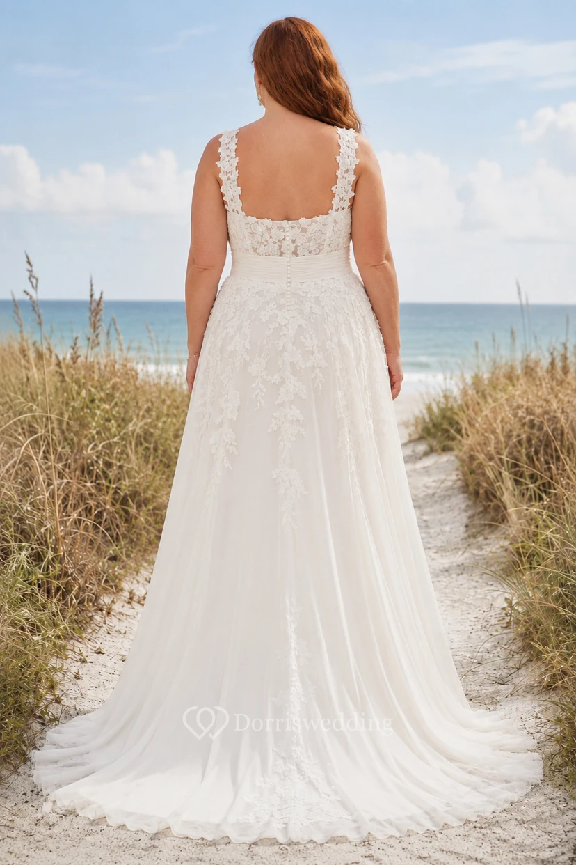 Robe de mariée grande taille à encolure carrée, corsage en dentelle, coupe trapèze et fente sur le devant view 2