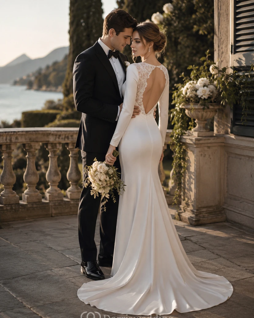 Simple Satin Long Sleeve Sheath Wedding Dress with Court Train and Keyhole Back view 4