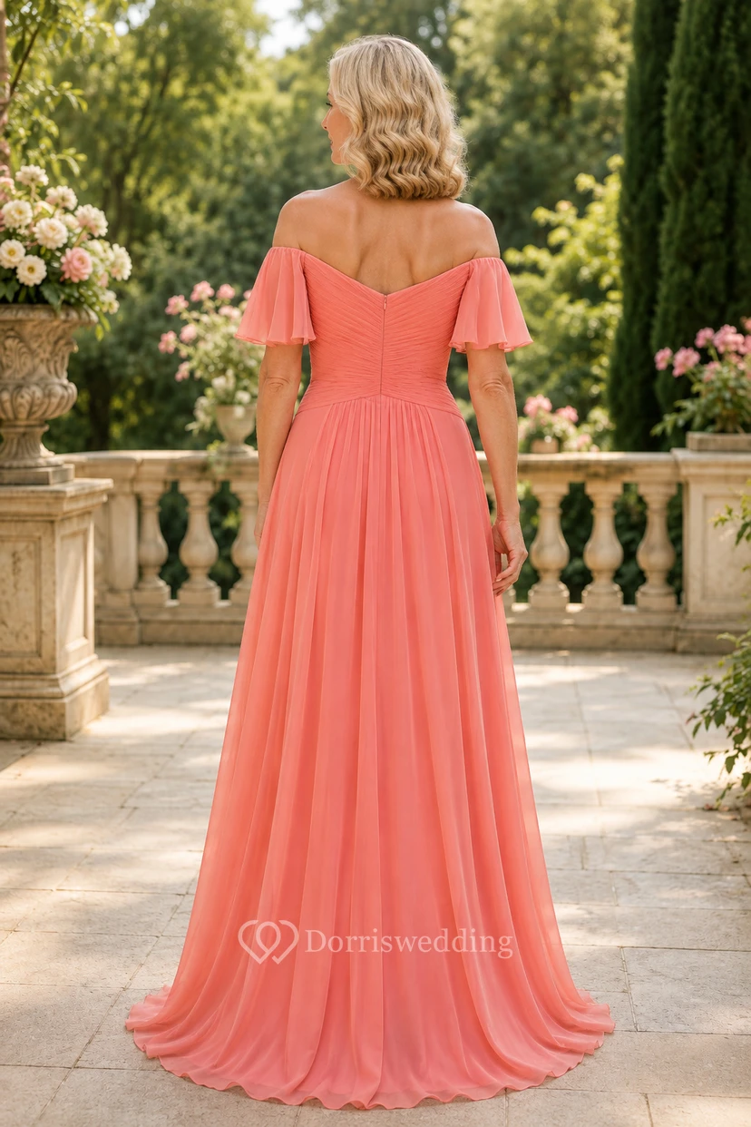 Korallenfarbenes schulterfreies Chiffon-Kleid in A-Linie für Mütter view 2