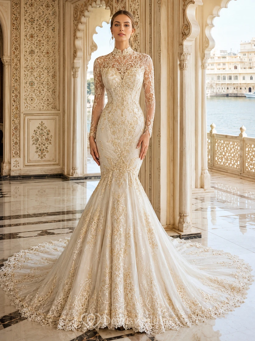 Robe de mariée sirène en dentelle perlée à col montant et manches longues de luxe, avec traîne cathédrale et effet illusion, ornée de perles.