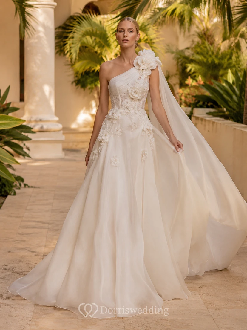 Robe de mariée asymétrique en dentelle florale à une épaule, coupe trapèze, drapée, traîne chapelle