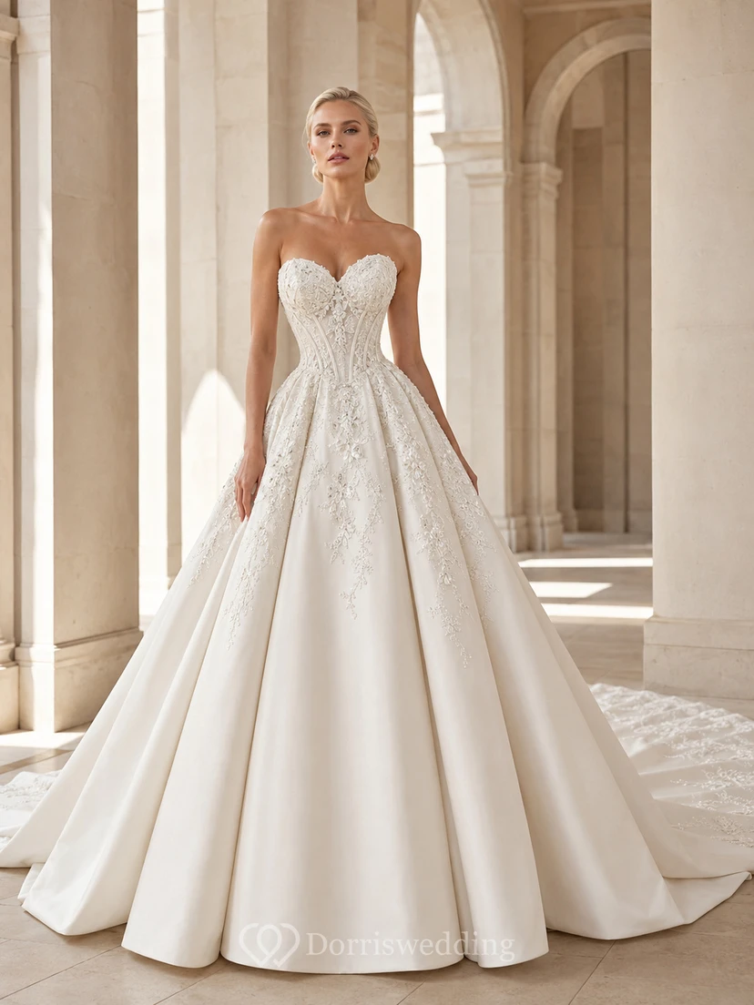 Robe de bal bustier en satin et dentelle, décolleté cœur, traîne cathédrale, idéale pour un mariage à destination