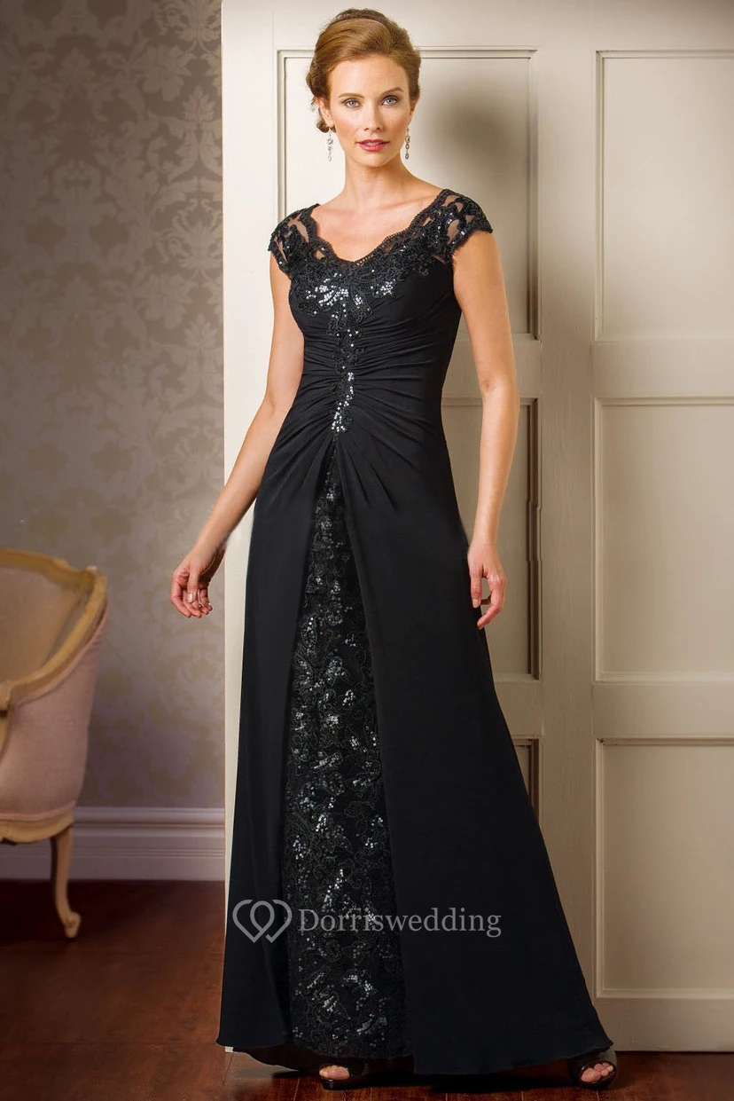 Cap-Sleeved V-Neck Mother Of The Bride Dress With Sequins And Illusion Back