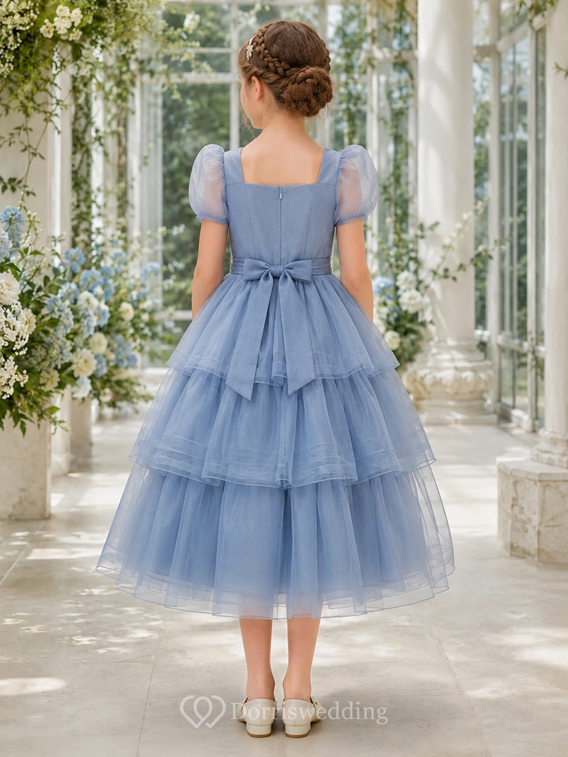 Blumenmädchenkleid aus stahlblauem Tüll, A-Linie, Rundhalsausschnitt, Teelänge, plissiert view 2
