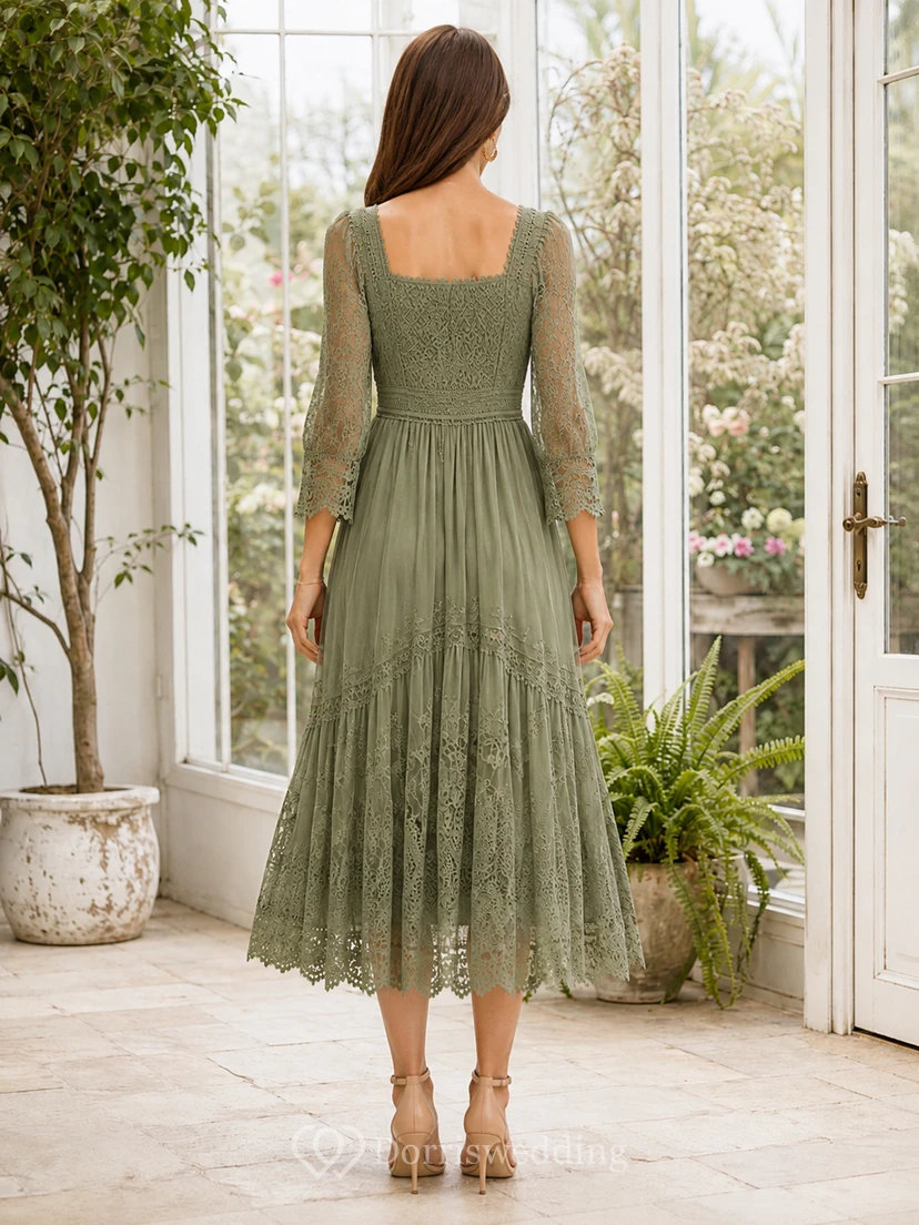 Celadon Square Illusion Lace Dreiviertelärmel Bohemian Garden Kleid für Gäste view 2