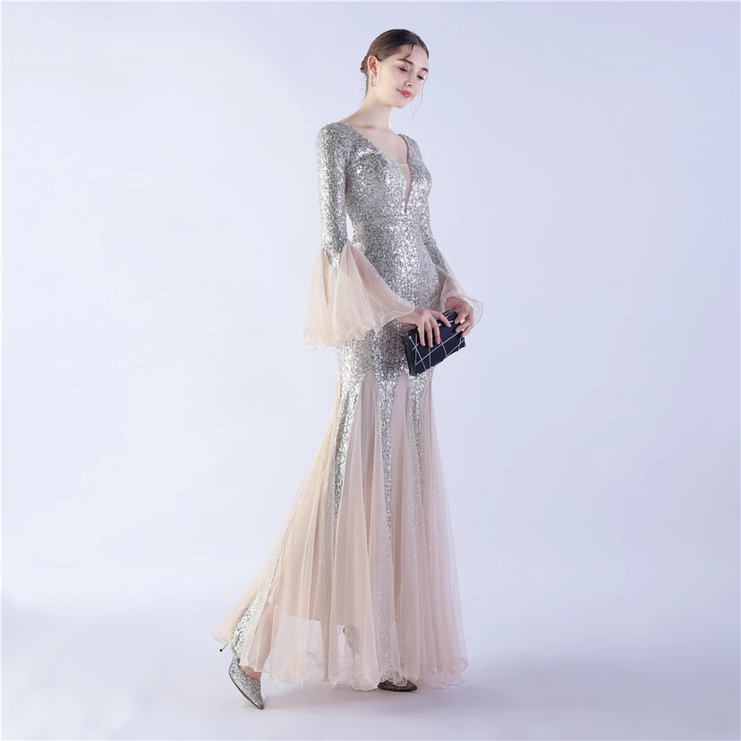 Vestido de noche con lentejuelas, bordado de malla encriptada, estilo artesanal de seda de pez y borde ondulado. view 4