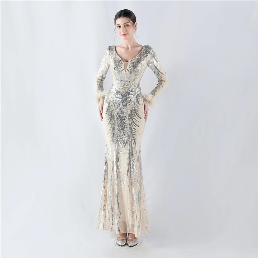 Robe de soirée haut de gamme ornée de perles florales fixes et de poils d'autruche, hôte de la réunion annuelle d'hiver video preview