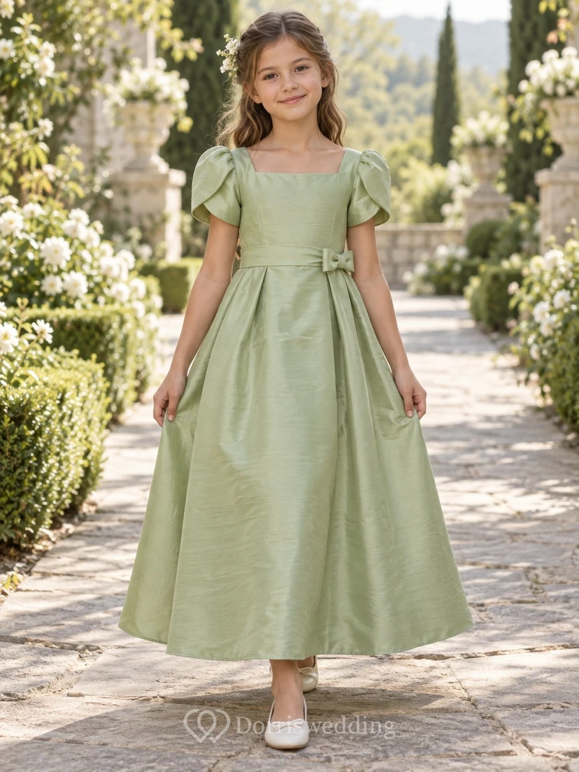 Square Neck Celadon Tulip Sleeve Bow Shantung A-line Flower Girl Dress