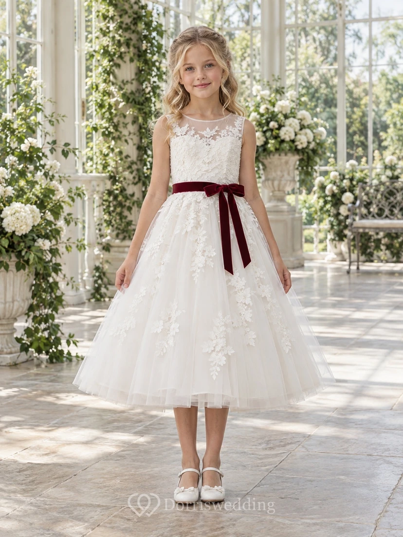 Vestido de niña de flores blanco, modesto, de corte A, con estampado floral y sin mangas, con fajín burdeos.