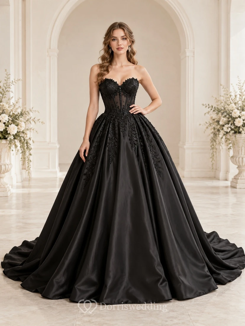Black Strapless Sweetheart Corset Lace Satin Ball Gown Wedding Dress