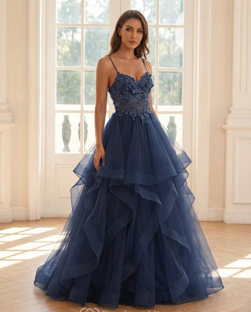 Dunkelblaues Tüll-Abendkleid mit Spaghettiträgern und Rüschenrock