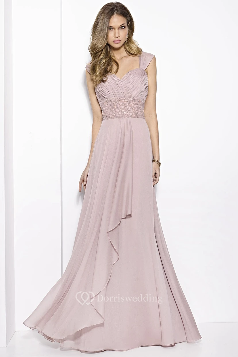 A-Line Ruched Floor-Length Queen-Anne Chiffon Prom Dress With Draping And Waist Jewellery