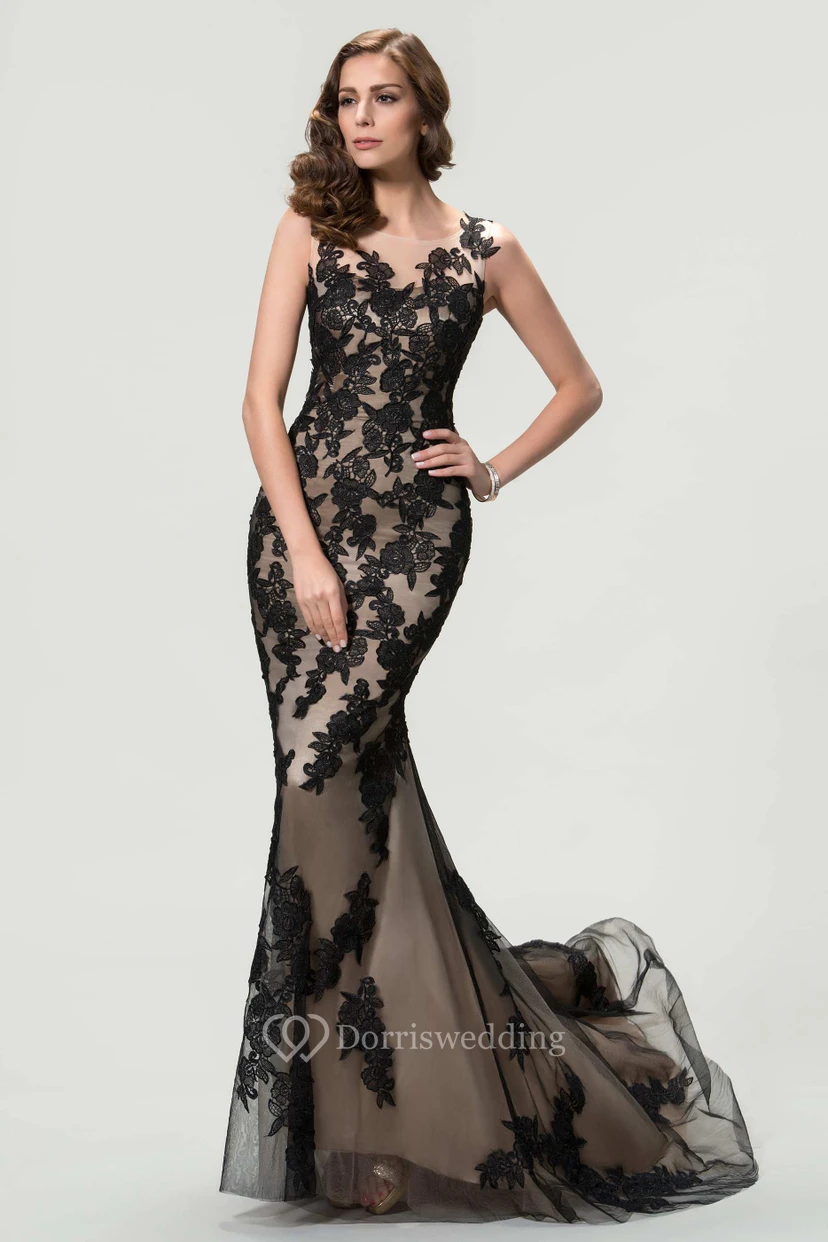 Sleeveless Bateau Neck Mermaid Long Lace Dress