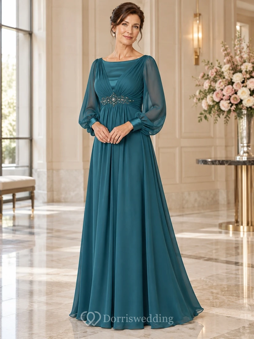 Vestido de novia de corte imperio, manga larga, estilo barco, de gasa con cuentas y corte en A, color verde azulado, para la madre de la novia.