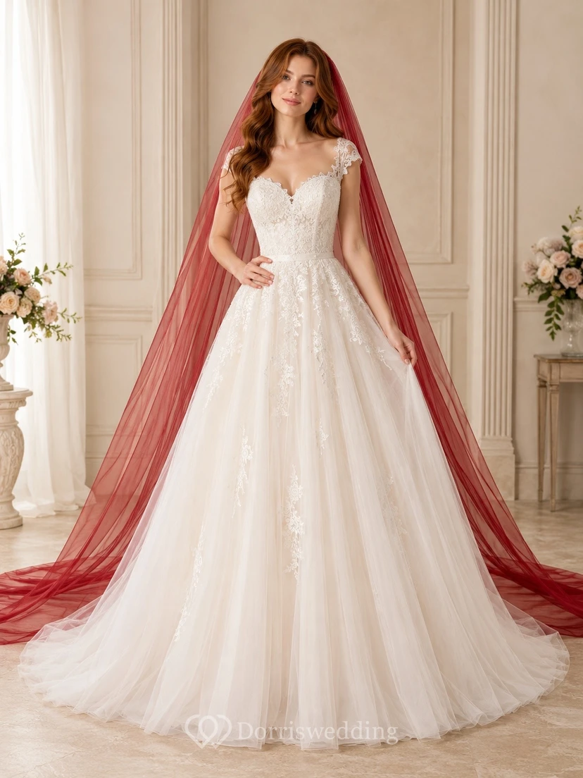 Vestido de novia de satén con cola larga y corte en A para ceremonia nupcial