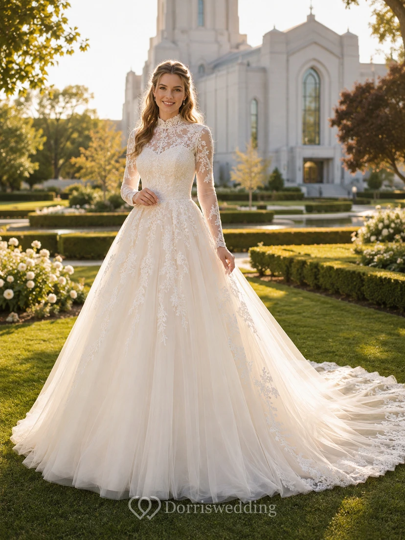 Robe de bal en tulle et dentelle à manches longues, style bateau, de luxe, pour une cérémonie de mariage de chapelle.