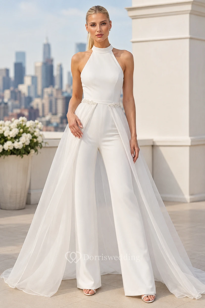 Combinaison de mariée blanche dos nu avec surjupe en tulle et traîne