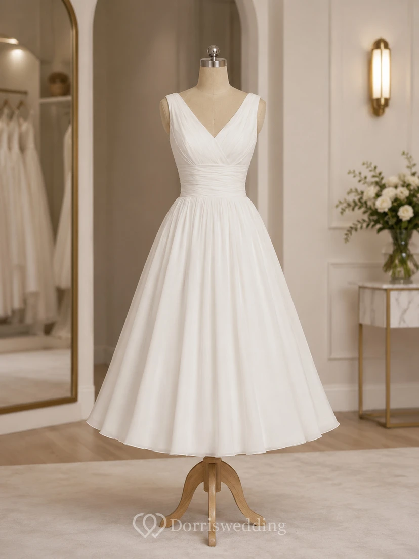 Vestido de novia corto de gasa sin mangas con escote en V, largo hasta la rodilla, fruncido y espalda baja en V. view 6