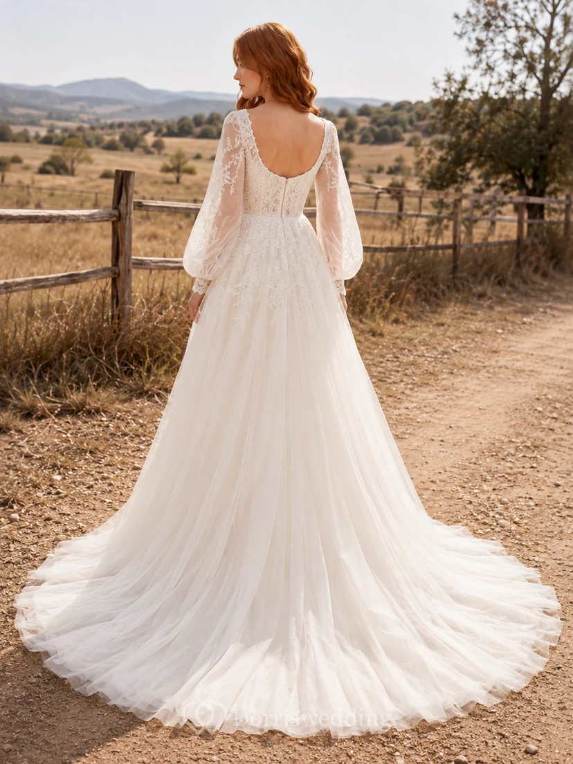 Country Lace Tulle Wedding Dress A-Line Square Neck Long Sleeve Chapel Train Bridal Gown view 2