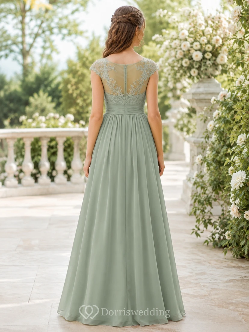 Celadonfarbenes Brautjungfernkleid für junge Mädchen, A-Linie, mit kurzen, transparenten Ärmeln und Spitze aus Tüll – bezaubernd und romantisch view 2