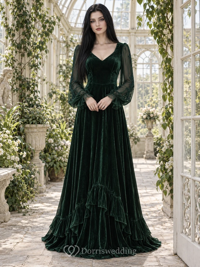 Vestido de dama de honor gótico romántico de manga larga con escote en V, cuello en V y bajo con volantes.
