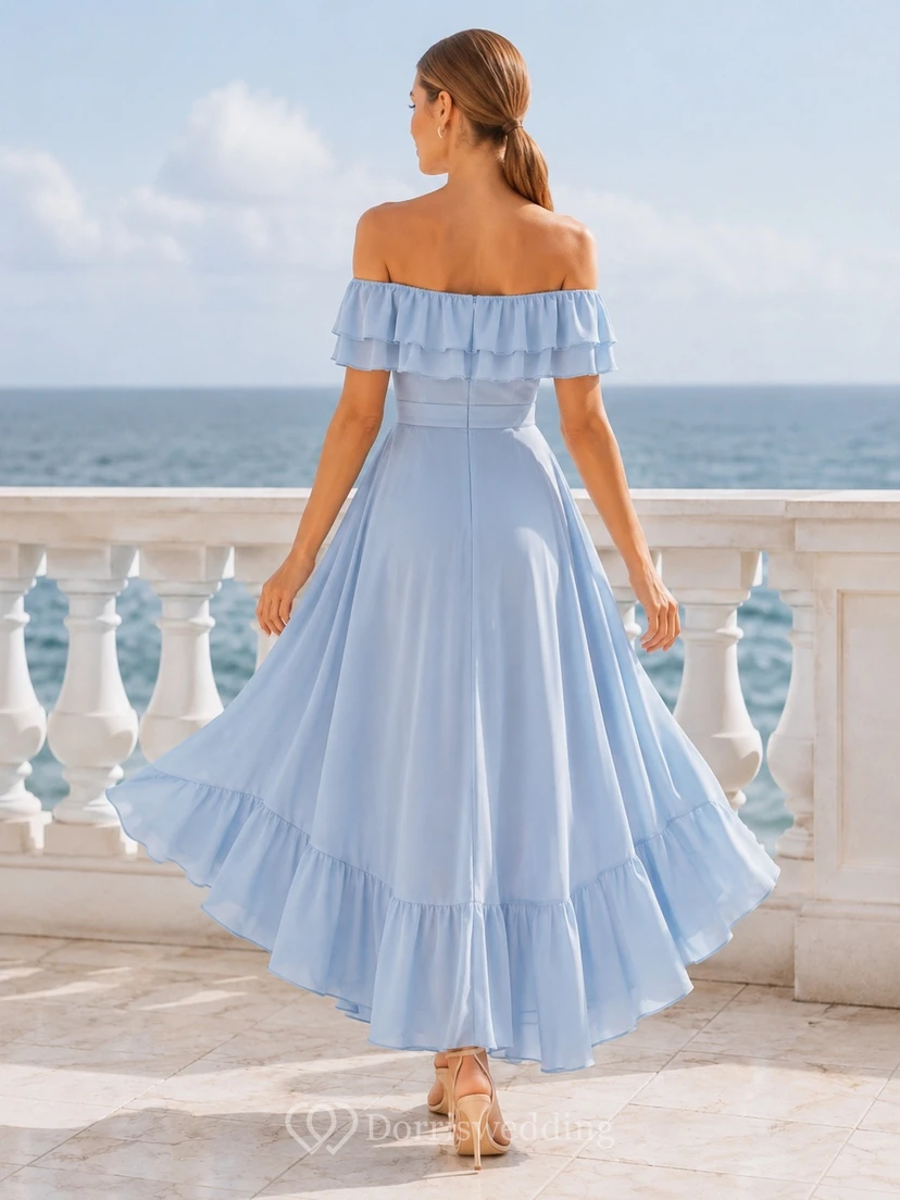 Sky Blue Off Shoulder Ruffled High Low Dress view 2