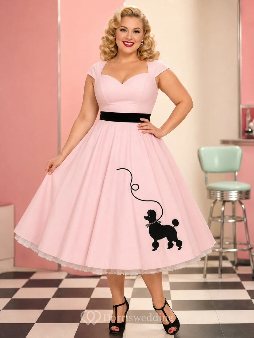 Blushing Pink Plus-Size Sweetheart Cap-Sleeve Poodle Applique Vintage Tea Dress