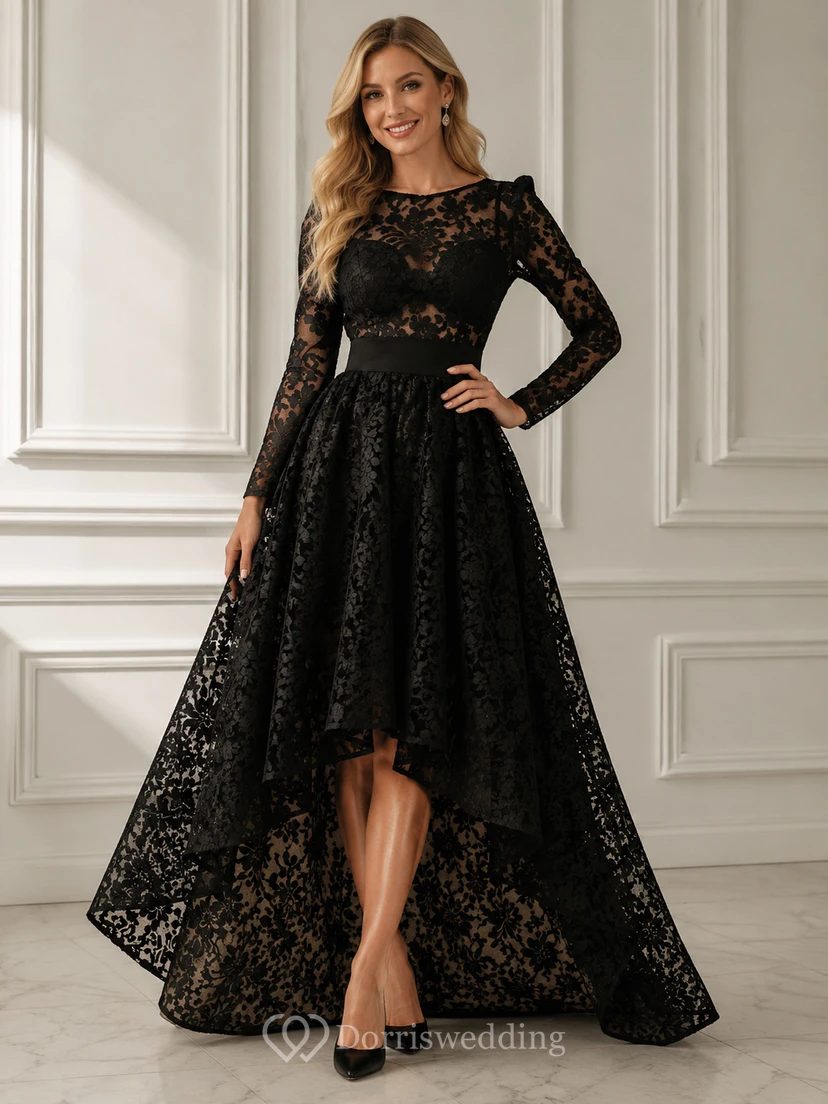 Dramatic Black Damask Lace High-Low Prom Gown