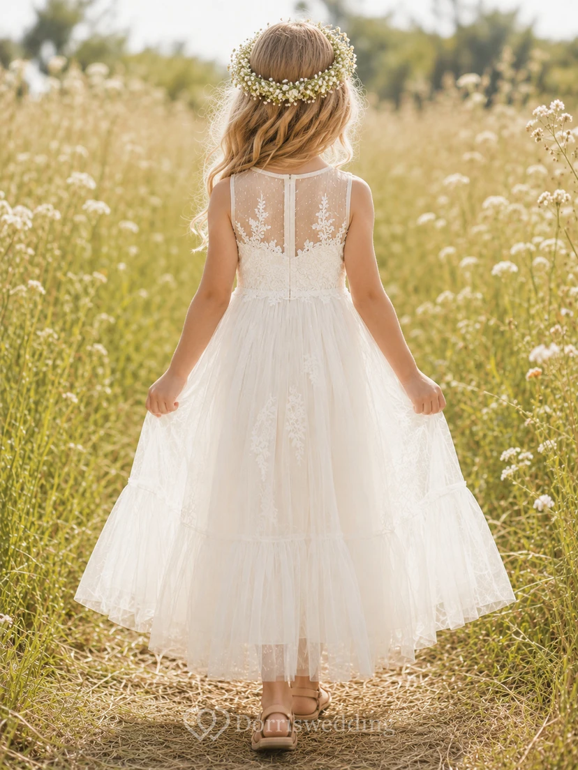 Robe de demoiselle d'honneur en dentelle ivoire et tulle, coupe trapèze, col rond, longueur thé view 2