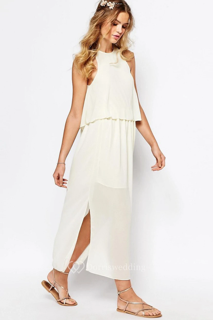 Tea-Length Pleated High Neck Sleeveless Chiffon Bridesmaid Dress With Split