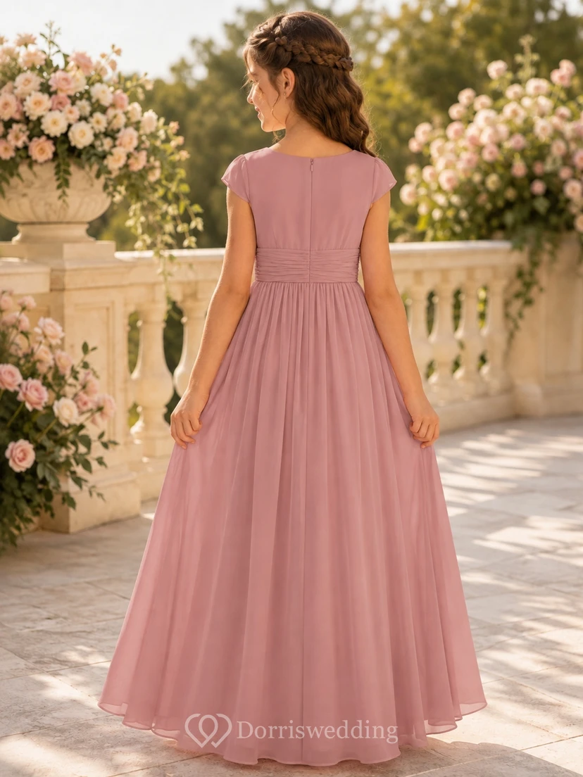 Brautjungfernkleid in Altrosa, A-Linie, Rundhalsausschnitt, kurze Flügelärmel, bezaubernd, romantisch view 2