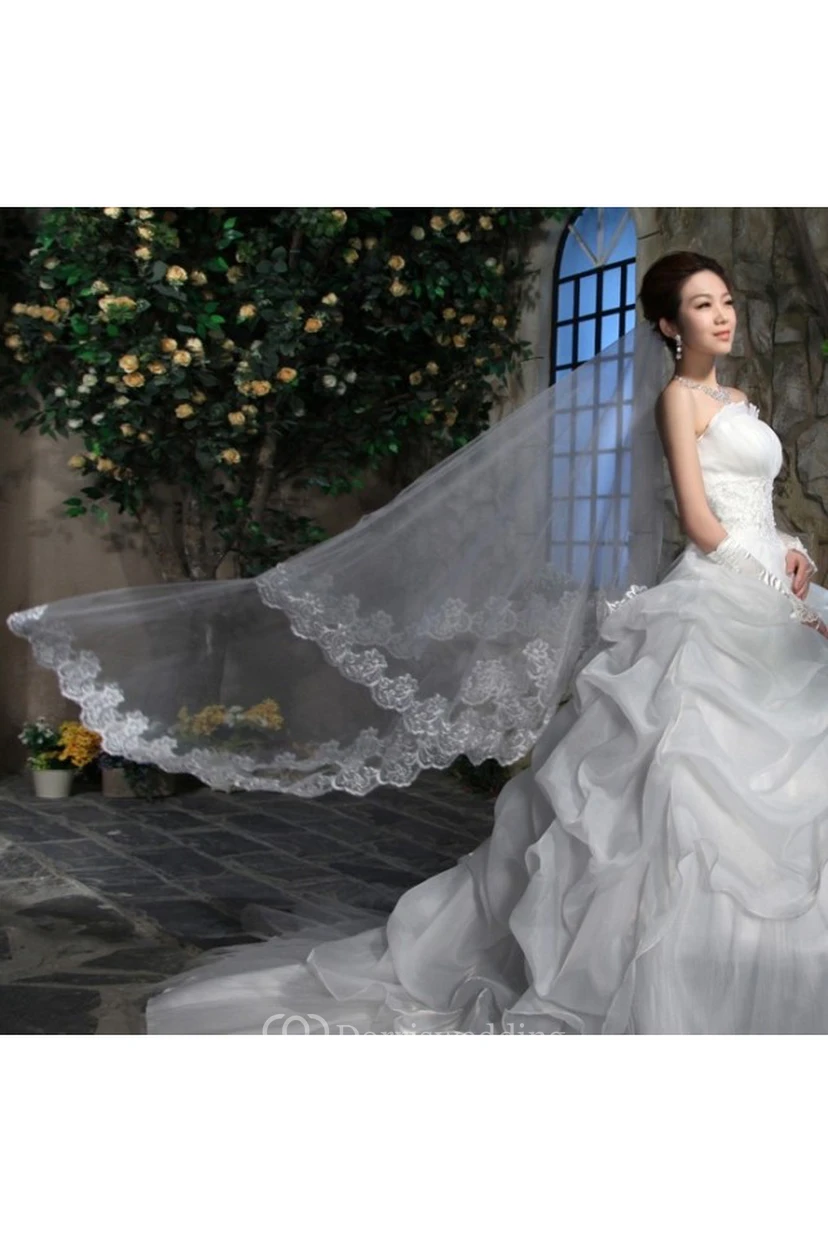 Lace Applique Fingertip Soft Tulle Bridal Veil view 2