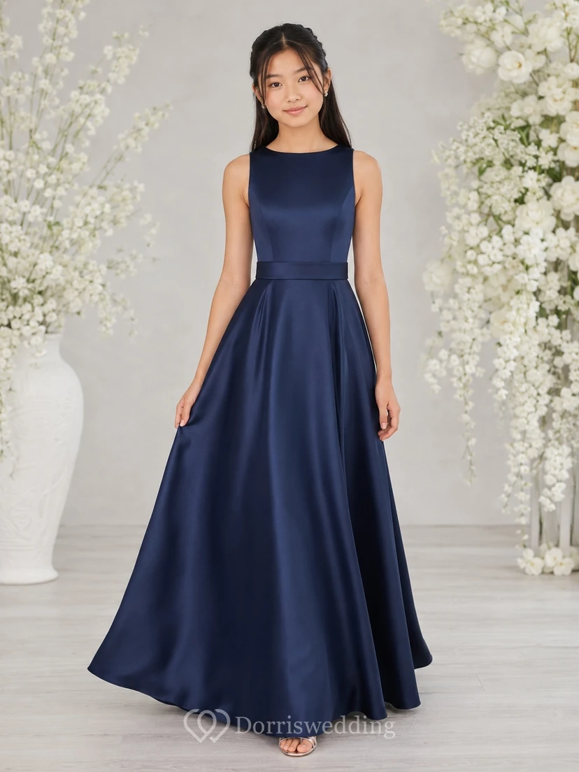 Dark Navy Junior Bridesmaid Dress A-Line Jewel Sleeveless Satin Bow Detail Elegant