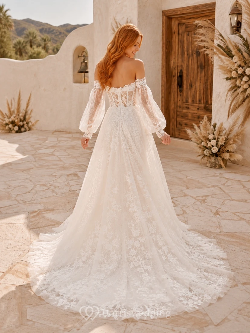 Spitzenkleid in A-Linie, schulterfrei, mit Poetenärmeln, Stufenrock und Bohème-Stil – ein perfektes Kleid für eine intime Hochzeit im Boho-Stil view 2