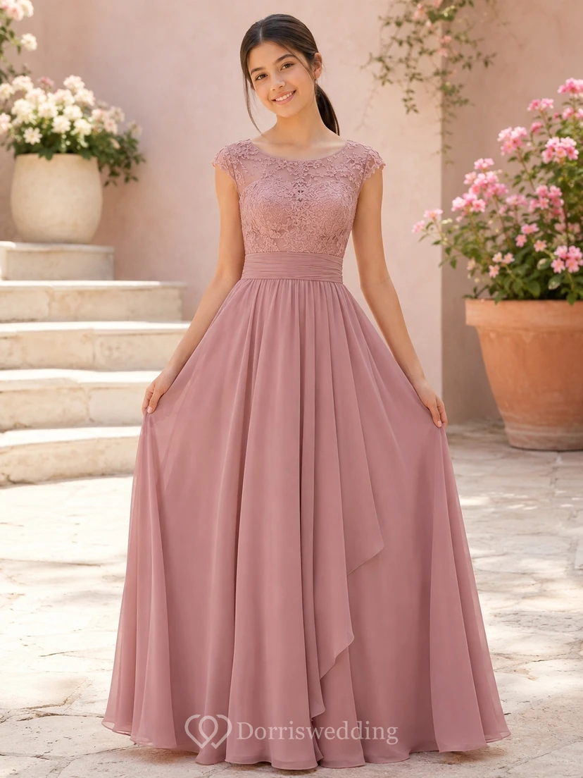 Romantisches, ärmelloses, bodenlanges Brautjungfernkleid in A-Linie aus altrosafarbenem Chiffon mit Spitze und Schmucksteinen