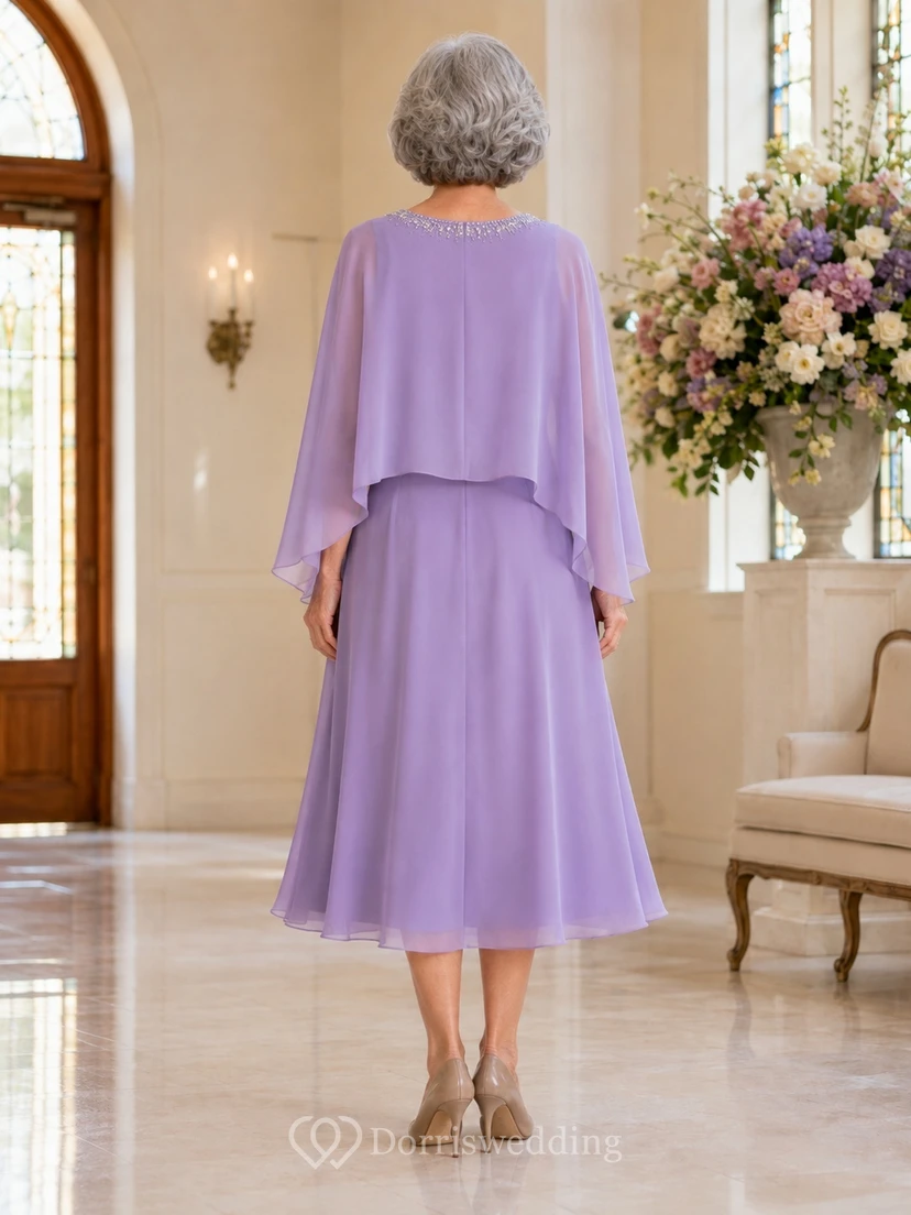 Lavendelfarbenes Chiffonkleid mit drapierten Ärmeln, Teelänge, A-Linie, romantisch und dezent – perfekt für die Mutter view 2