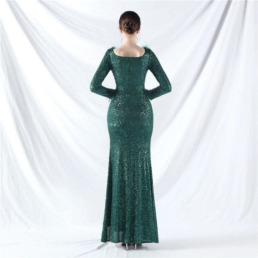 Craft-Made Ostrich Feather Long-Sleeved Beads Evening Dress view 39