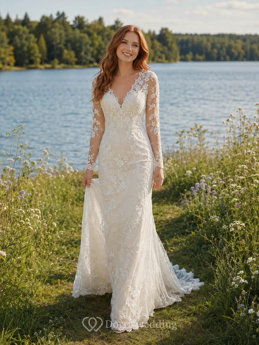 Brautkleid aus Spitze im Meerjungfrauenstil mit herzförmigem Ausschnitt, langen Ärmeln, Schleppe und tiefem V-Ausschnitt am Rücken
