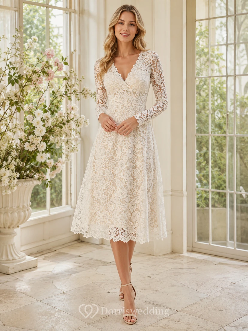 Ivory V-Neck Long Illusion Sleeve Lace A-Line Tea Dress Garden