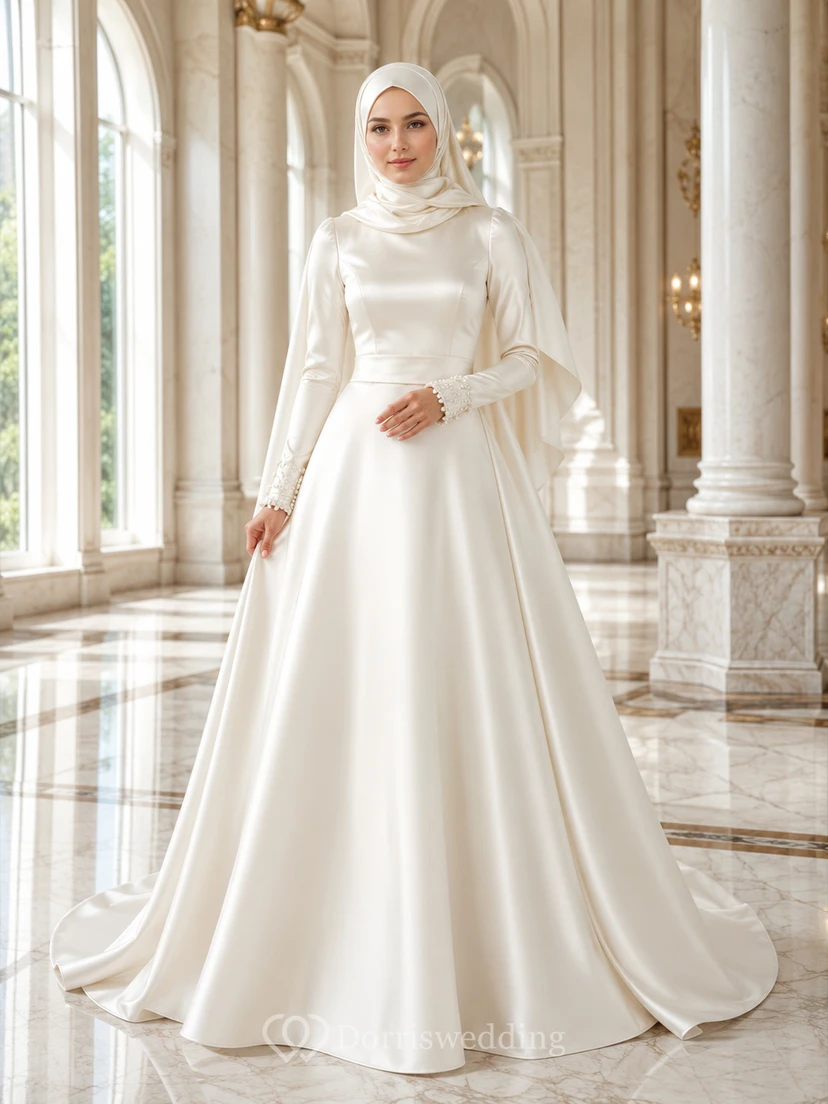 Vestido de novia musulmán modesto de satén con cuello alto, corte en A y cola larga.