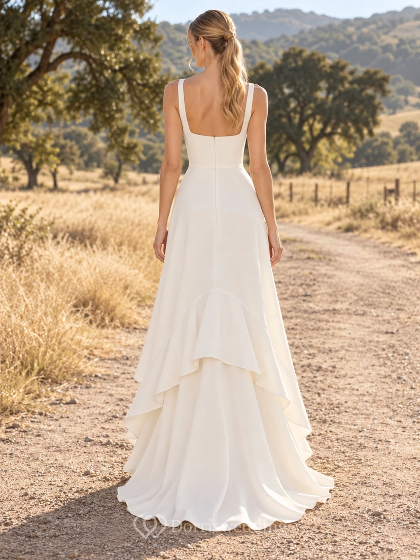Simple Country High-low Square Neck Sleeveless A-line Bridal Wedding Dress view 2