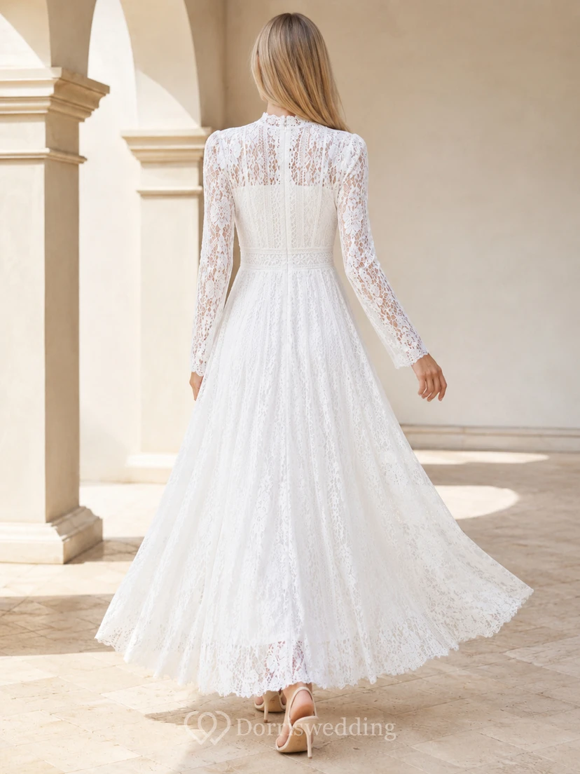 Robe de mariée longue à manches longues et col montant en dentelle, fermeture éclair illusion view 2