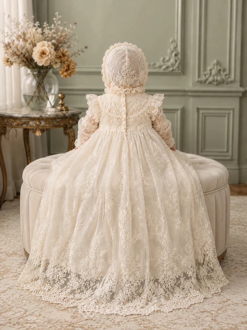 Vestido de bautizo de lujo estilo clásico, elegante y discreto. Corte en A, largo hasta el suelo, cuello alto, manga larga, tul, encaje, volantes y cierre de botones en la espalda. view 2