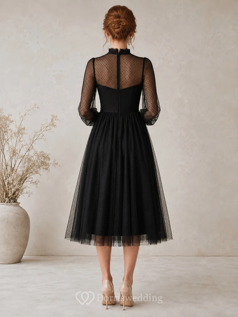 Black Modest Long Illusion Sleeve High Neck Tulle Tea-Length A-Line Formal Dress view 2