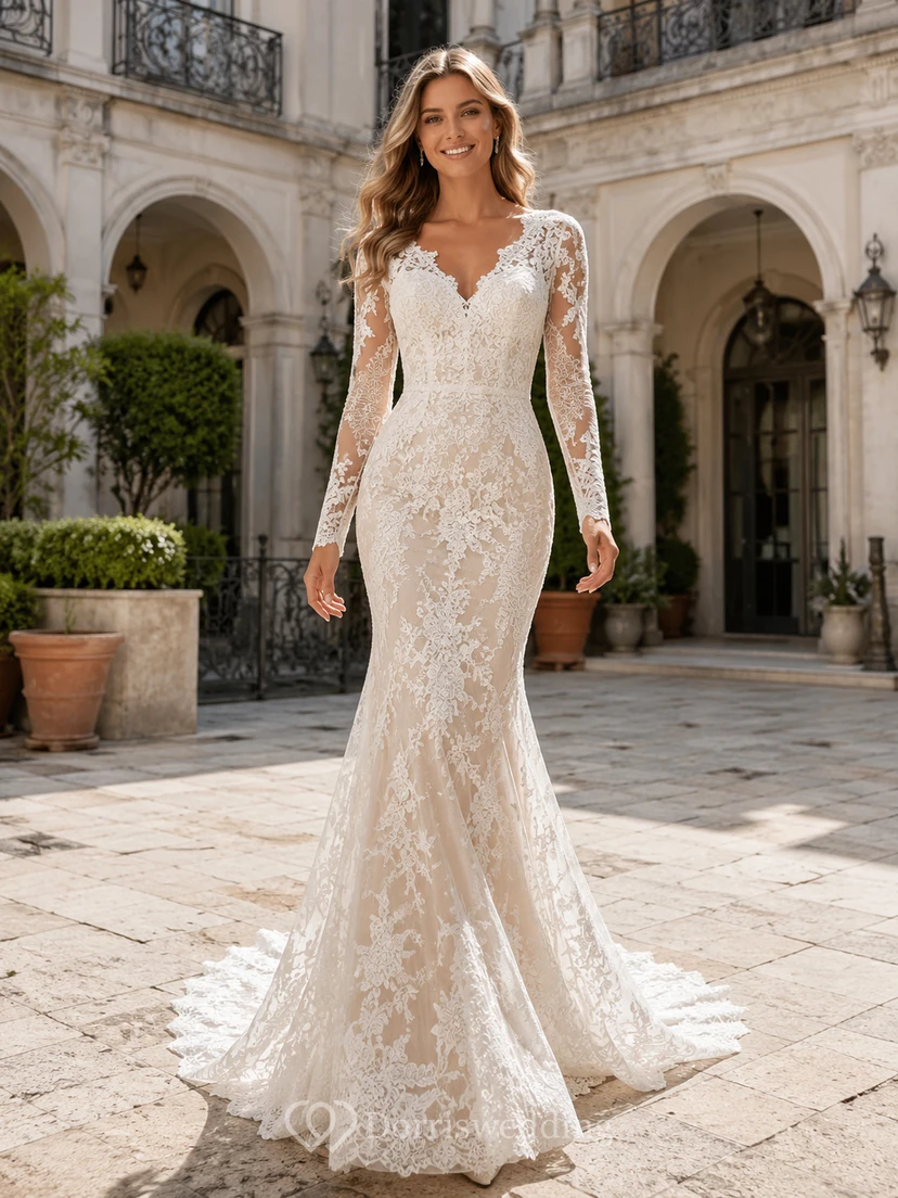 Robe de mariée sirène en dentelle florale à manches longues illusion avec traîne chapelle
