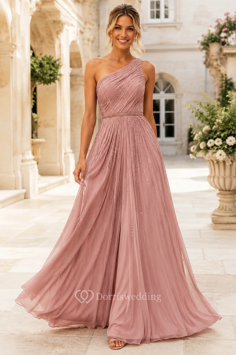 Dusty Rose One Shoulder Chiffon A-Line Bridesmaid Dress