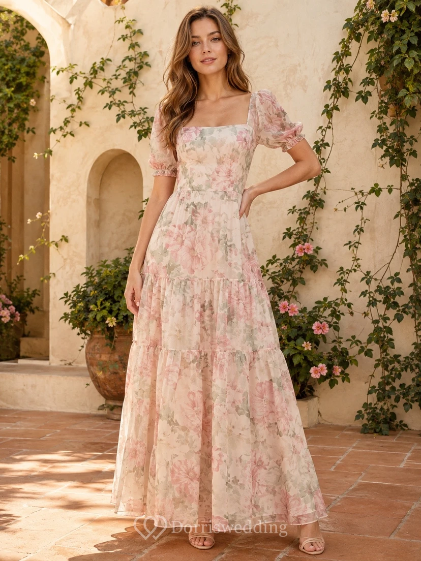 Blushing Pink Floral Short Puff Sleeve Square Neck Floor-Length Chiffon Dress